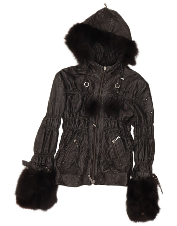 Jachetă de piele pentru femei cu glugă Kor@Kor UK 12 Medium Black