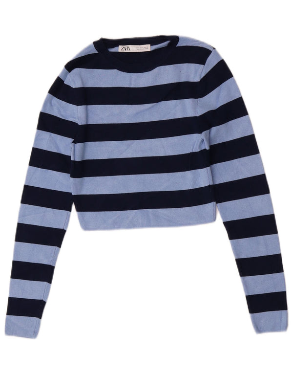 Bluză Crop Top Femei Zara UK 12 Medium Blue Striped Viscose
