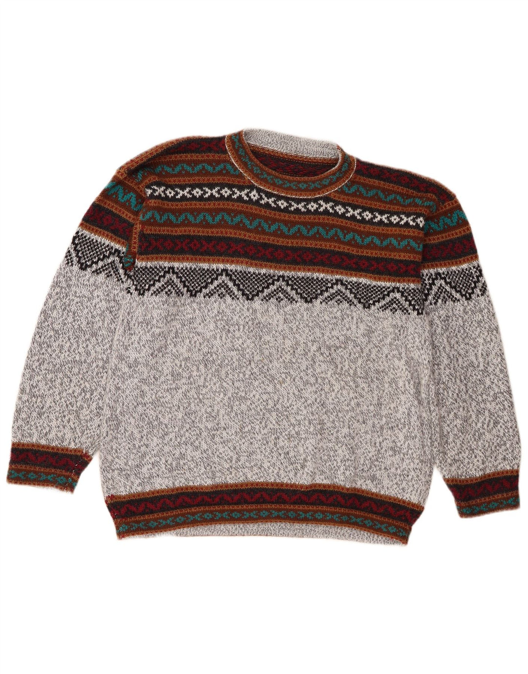 Pulover vintage pentru bărbați cu gâtul turnat, gri mediu, Fair Isle