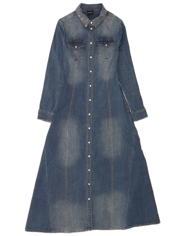 Rochie de denim maxi cu mâneci lungi vintage pentru femei UK 6 XS Bumbac albastru