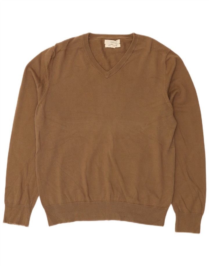 Pulover pentru bărbați Marks & Spencer, cu decolteu în V, bumbac maro mediu