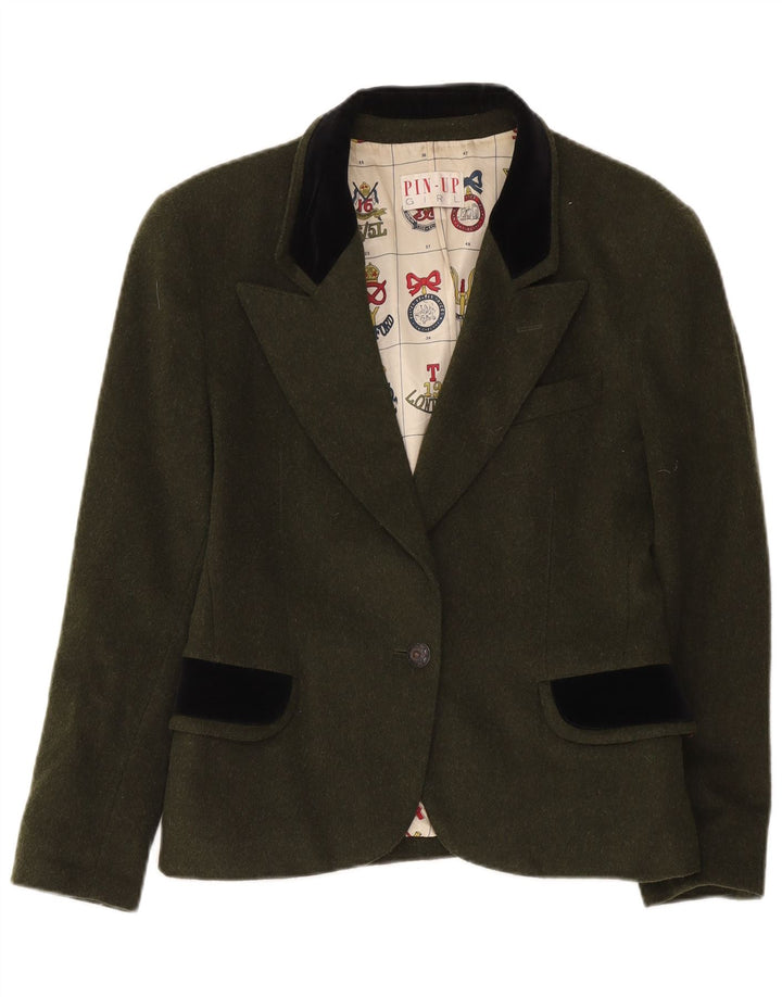 Blazer vintage pentru femei cu 1 nasture, UK 14, mare, kaki, color block