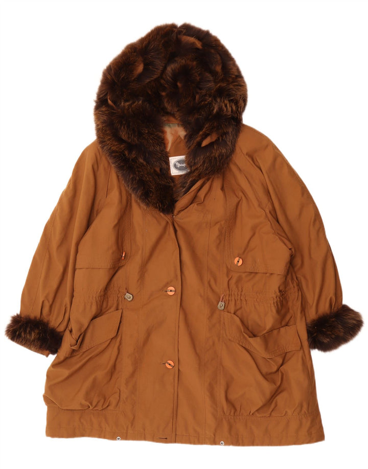 Pardesiu supradimensionat cu glugă vintage pentru femei UK 18 XL poliester maro