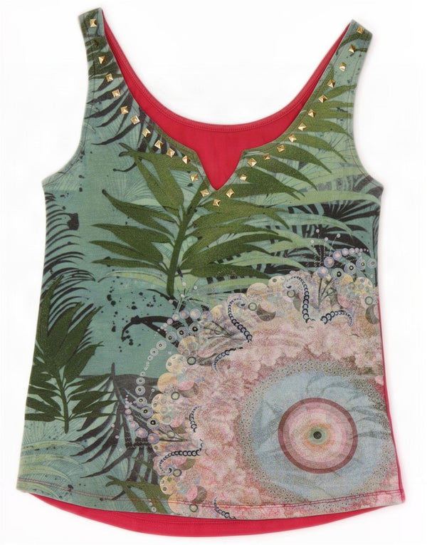 Desigual Womens Crop Vest Top UK 8 Small Multicolor Floral Bumbac