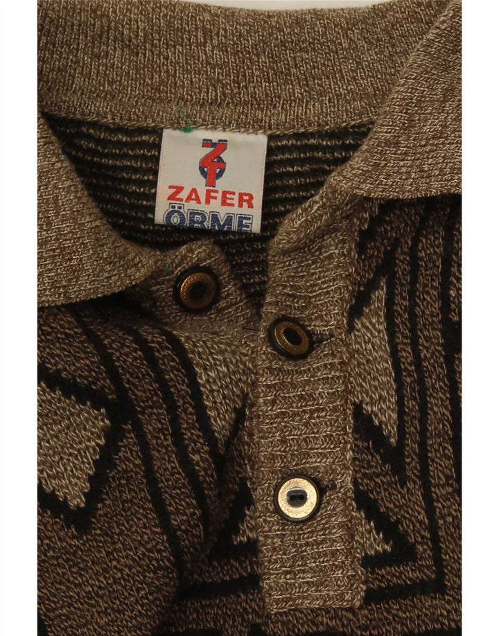Pulover vintage pentru bărbați cu gât polo, maro mediu, geometric