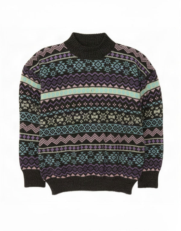 Pulover vintage cu gât țestoasă pentru femei UK 14 Medium Gri Fair Isle