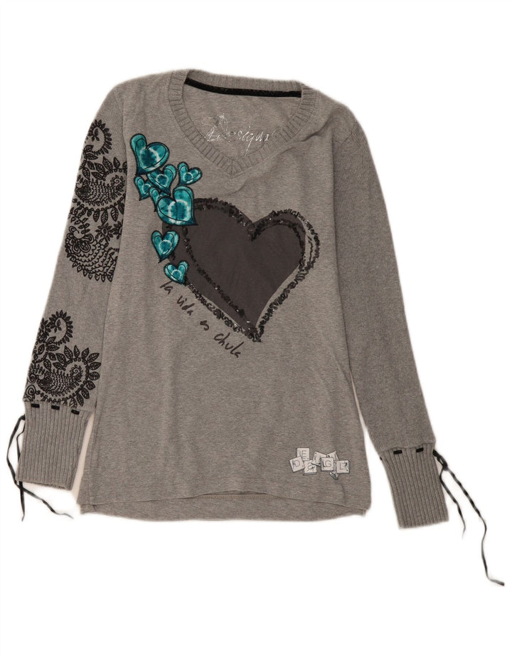 DESIGUAL Top grafic pentru femei cu mânecă lungă UK 12 Medium Gri Paisley Heart