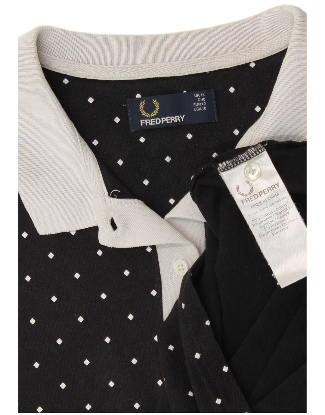 Tricou polo Fred Perry pentru femei UK 14 mare, bumbac cu pete negre