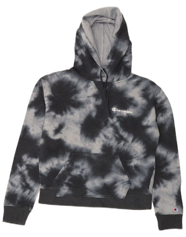 CHAMPION Womens Hoodie Jumper UK 10 Small Black Tie Dye Cotton