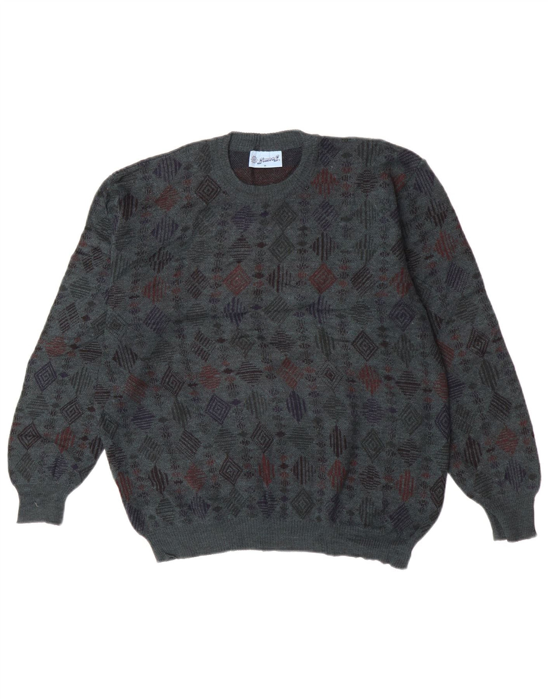 Pulover vintage pentru bărbați cu decolteu rotund, lână virgină, albastru, geometric, mediu
