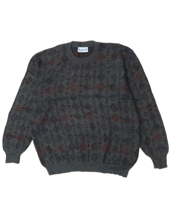 Pulover vintage pentru bărbați cu decolteu rotund, lână virgină, albastru, geometric, mediu