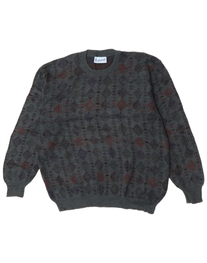 Pulover vintage pentru bărbați cu decolteu rotund, lână virgină, albastru, geometric, mediu