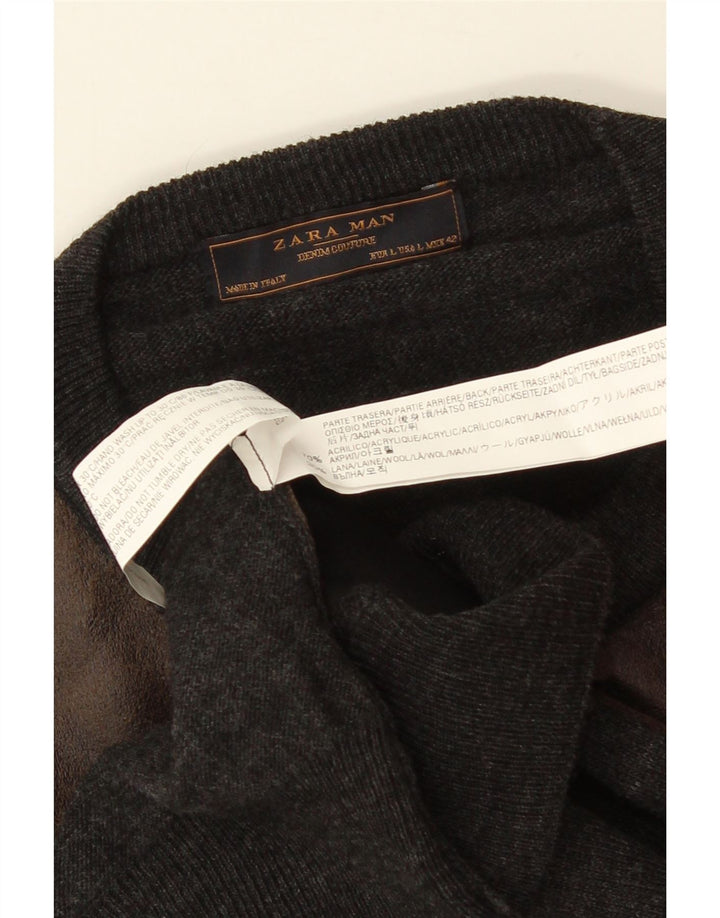 Pulover ZARA pentru bărbați cu decolteu rotund, mare, gri, acrilic, bloc de culoare