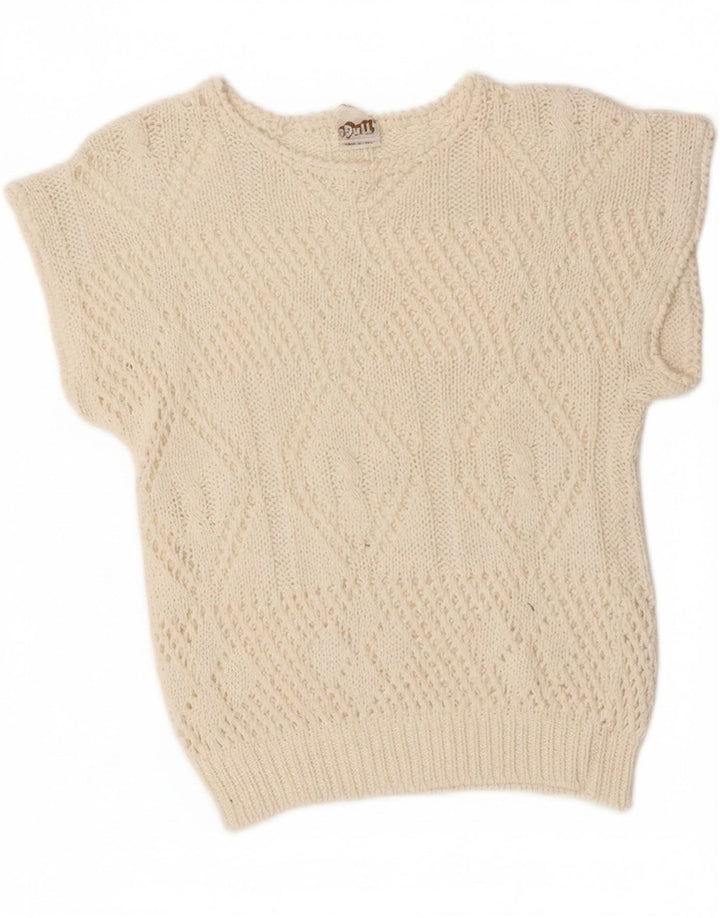 VINTAGE Womens Crop Crew Neck Jumper Sweater UK 14 Medium White Vintage Vintage and Second-Hand Vintage from Messina Hembry 
