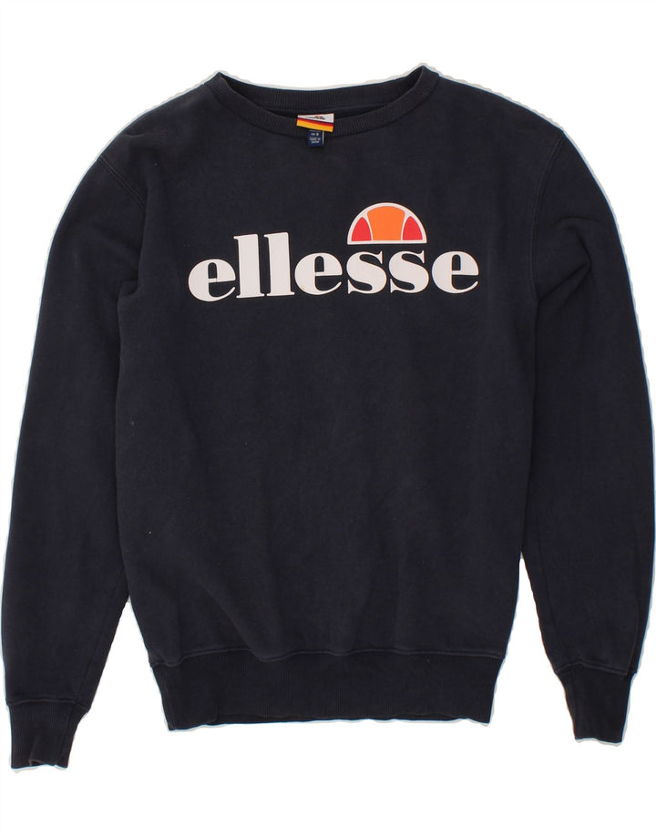 ELLESSE Womens Oversized Graphic Sweatshirt Jumper UK 6 XS Navy Blue Vintage Ellesse and Second-Hand Ellesse from Messina Hembry 