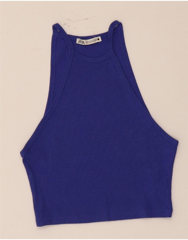 Top Crop Halter pentru femei Zara UK 8 Small Blue Bumbac