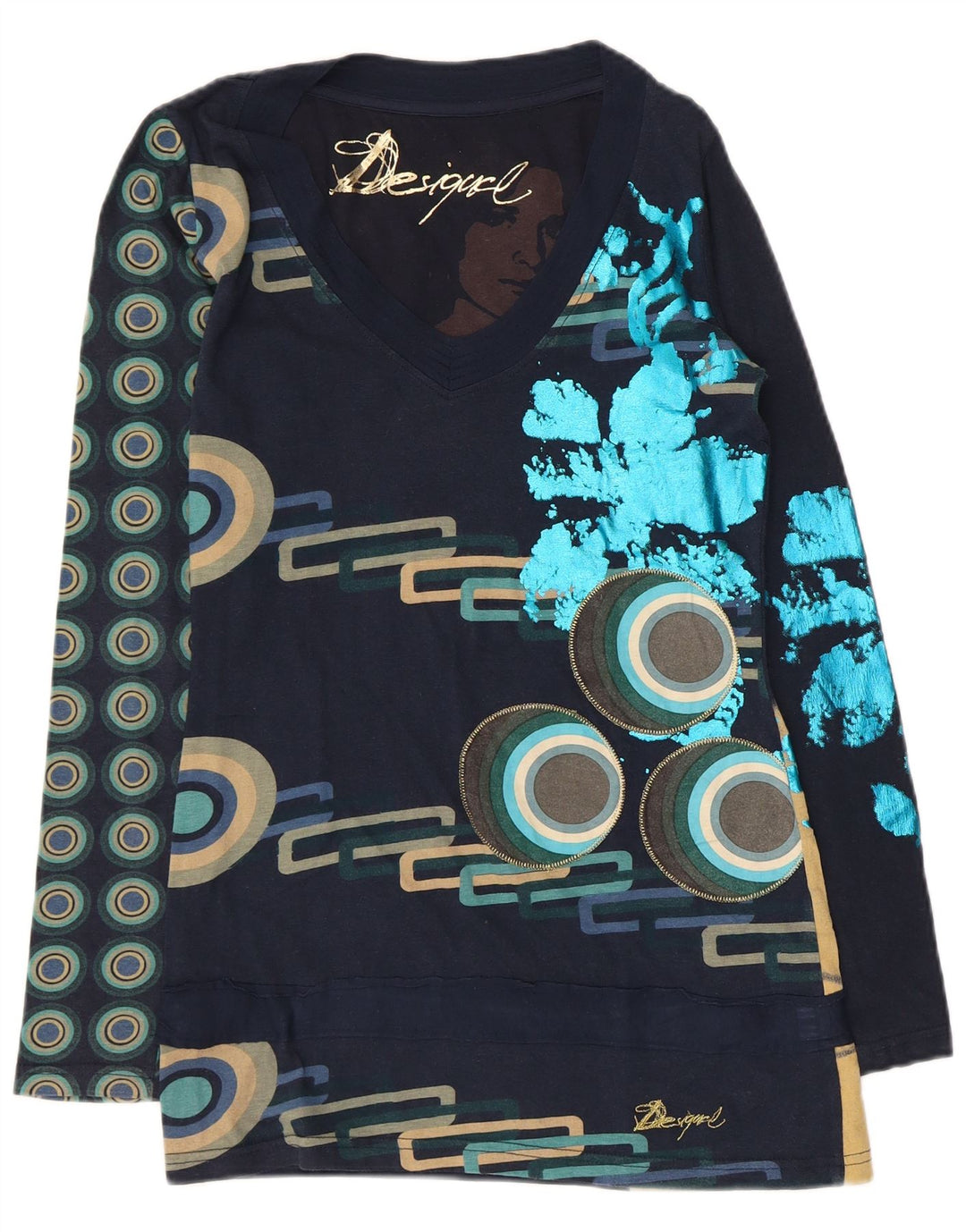 Desigual Top grafic pentru femei cu mânecă lungă UK 10 Small Bleumarin