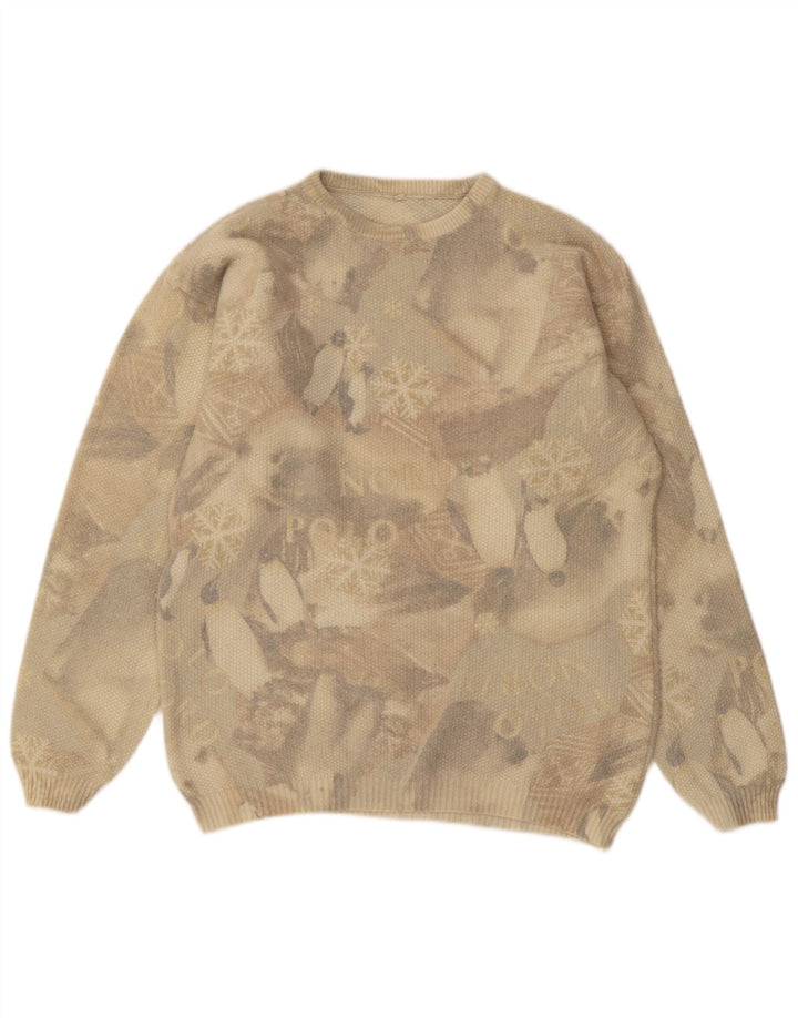 VINTAGE Womens Graphic Crew Neck Jumper Sweater EU 36 Small Beige