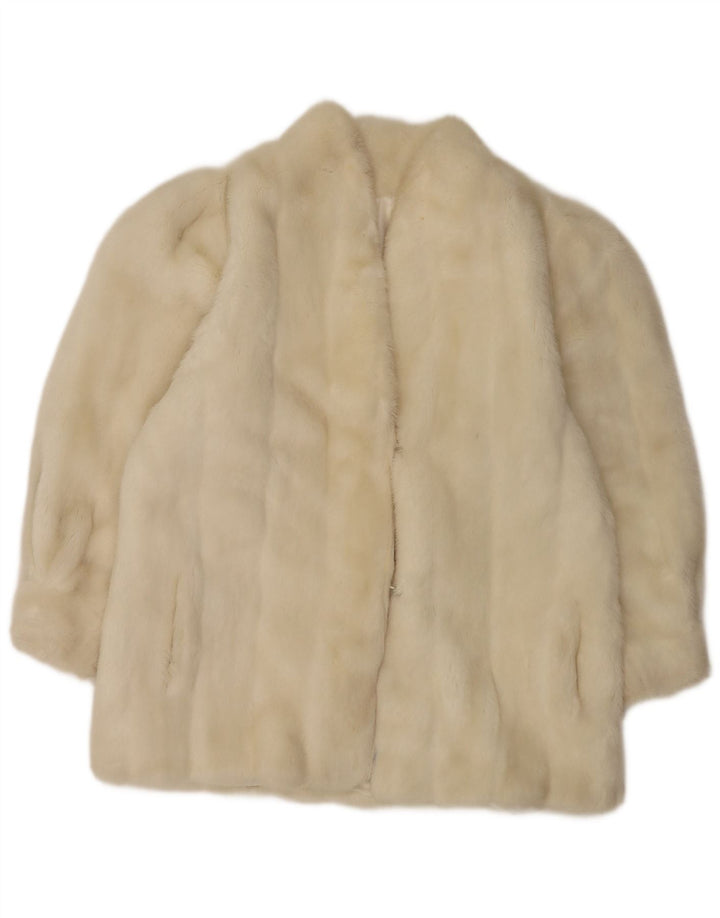 Jachetă vintage pentru femei din blană artificială UK 12 microfibre albe medii