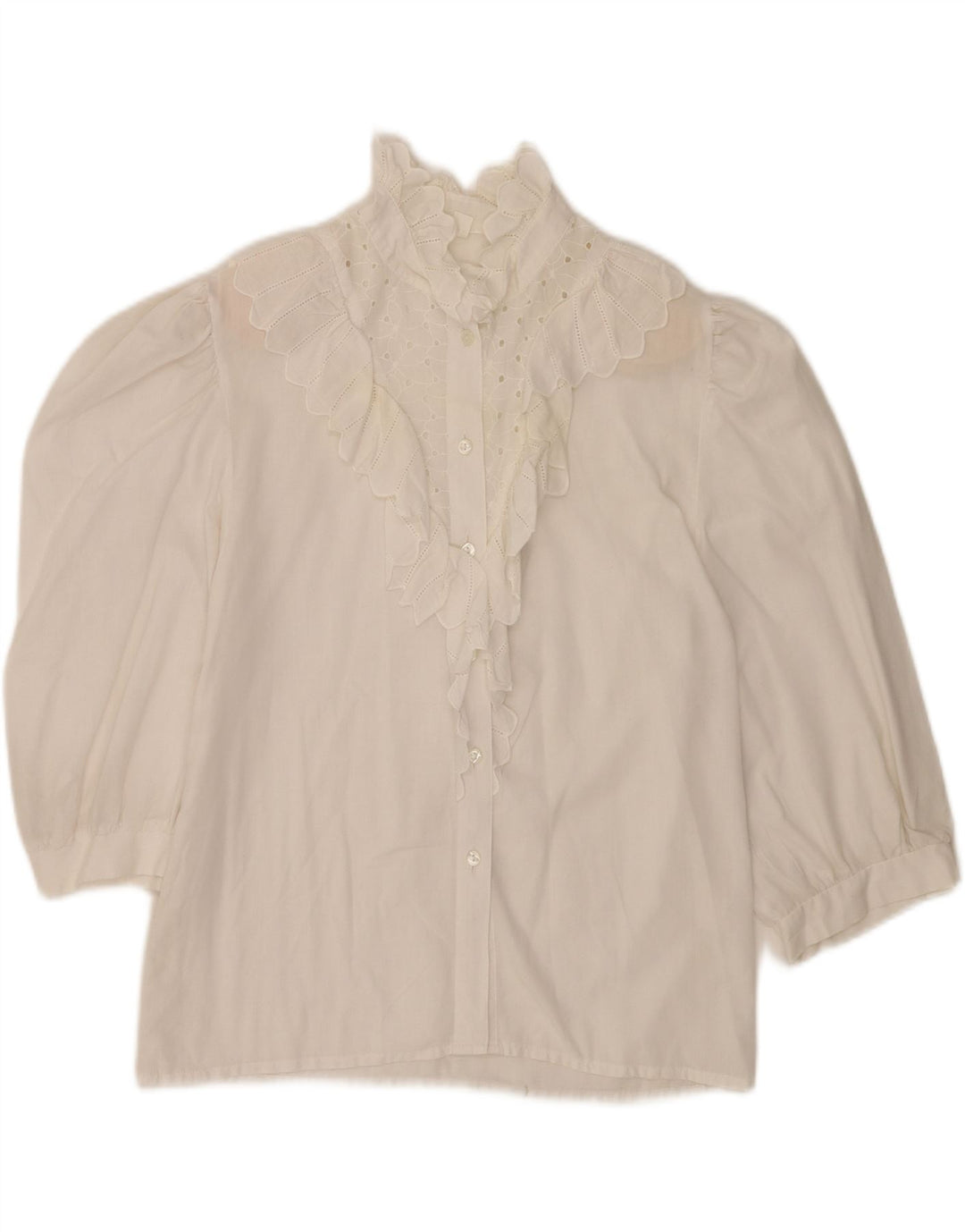 Bluză de cămașă vintage pentru femei cu mâneci 3/4 cu volan în față UK 12 Medium White