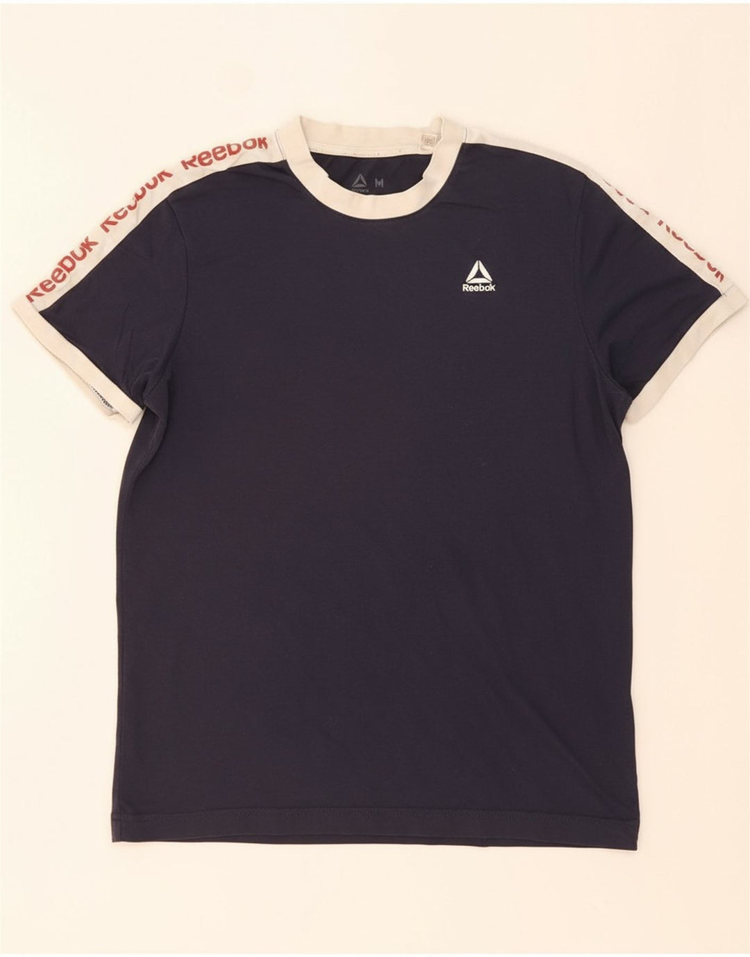 REEBOK Mens Graphic T-Shirt Top Medium Navy Blue Colourblock Cotton