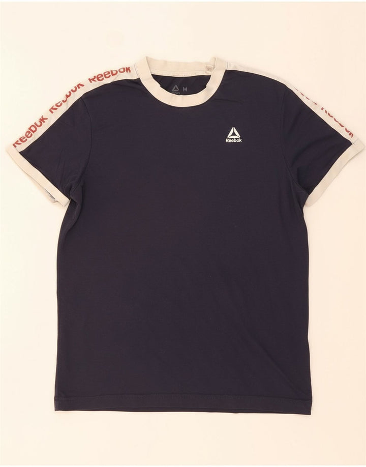 REEBOK Mens Graphic T-Shirt Top Medium Navy Blue Colourblock Cotton