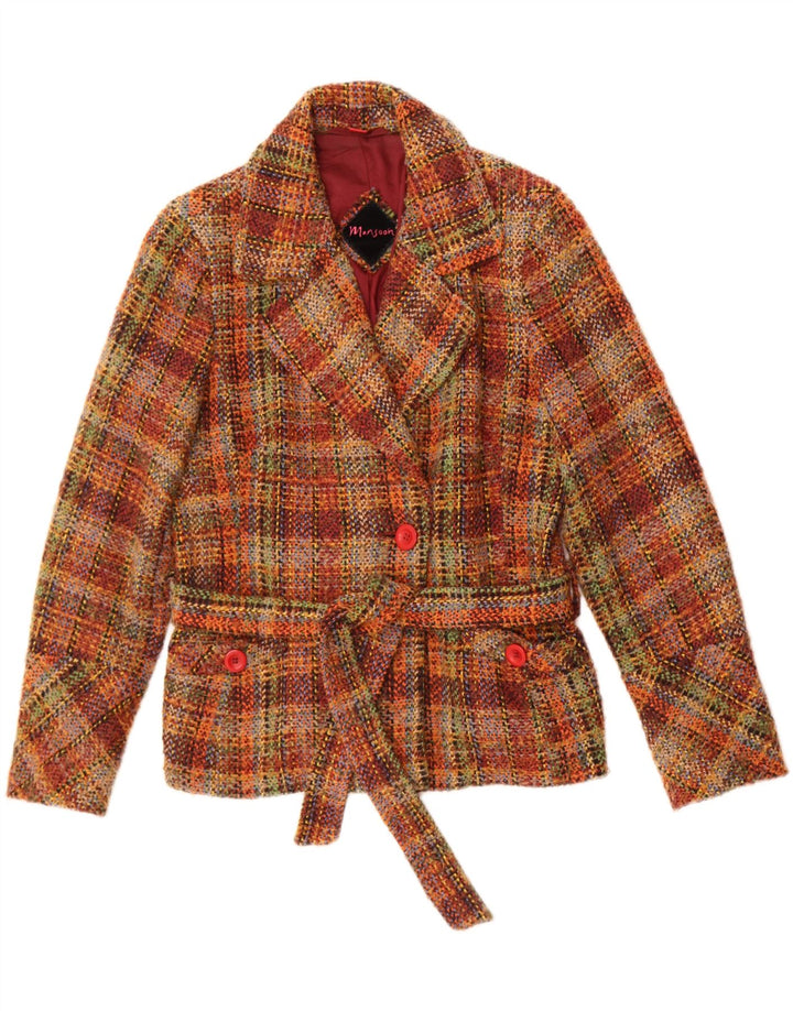 Sacou blazer pentru femei Monsoon cu 1 nasture UK 12 Lână cu carouri maro mediu