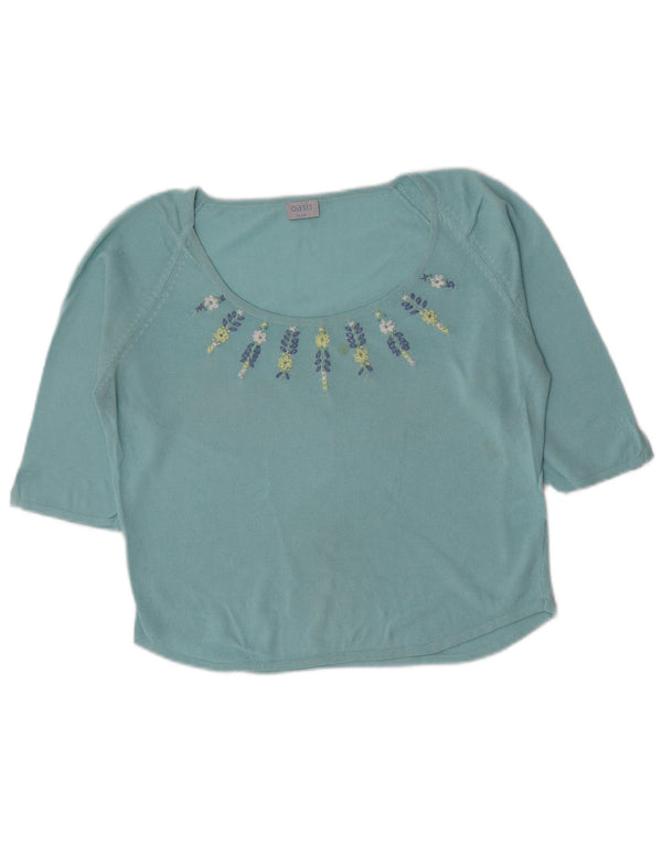 Oasis Womens Crop Top 3/4 Sleeve UK 16 Large Blue Floral Cotton