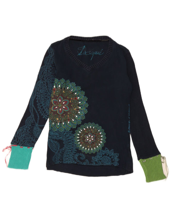 Pulover pentru femei Desigual cu decolteu în V UK 12 mediu, albastru marin, bumbac floral