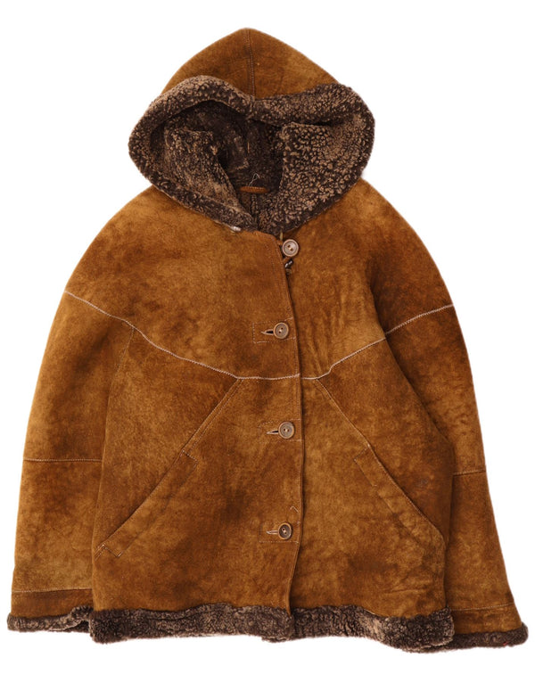 Jachetă din shearling supradimensionată pentru femei cu glugă vintage IT 44 maro mediu