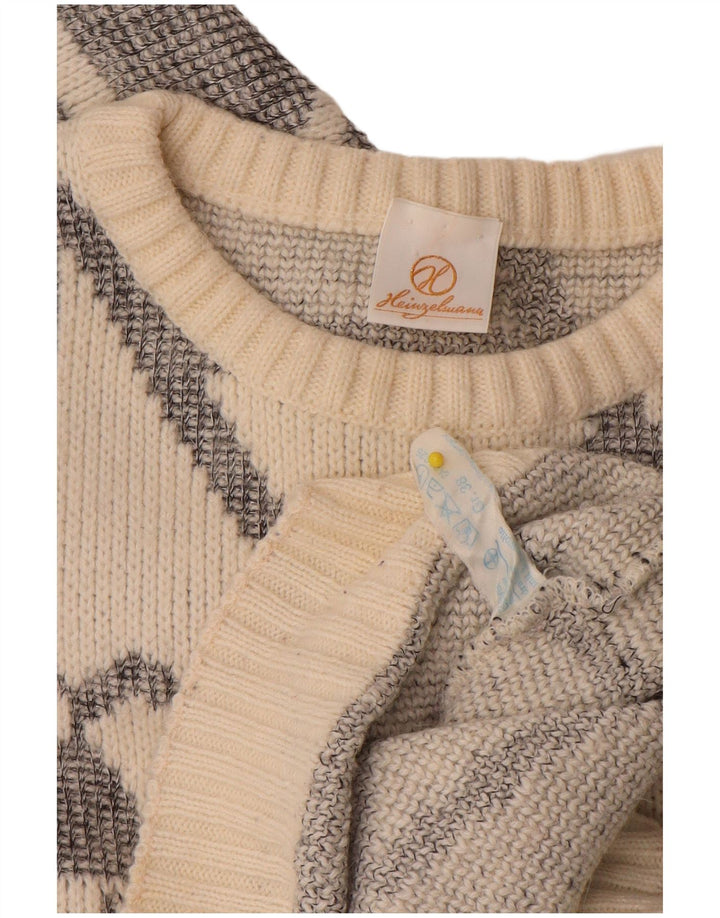 Pulover vintage pentru femei cu gât de barcă EU 38 Medium Alb catifelat Geometric