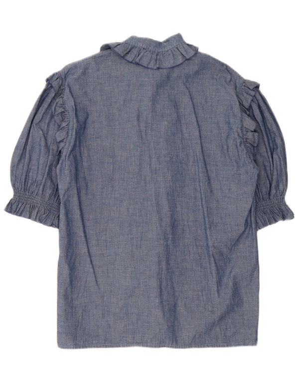 Vintage Womens Ruffle Front 3/4 Sleeve Shirt Blouse UK 14 Medium Blue