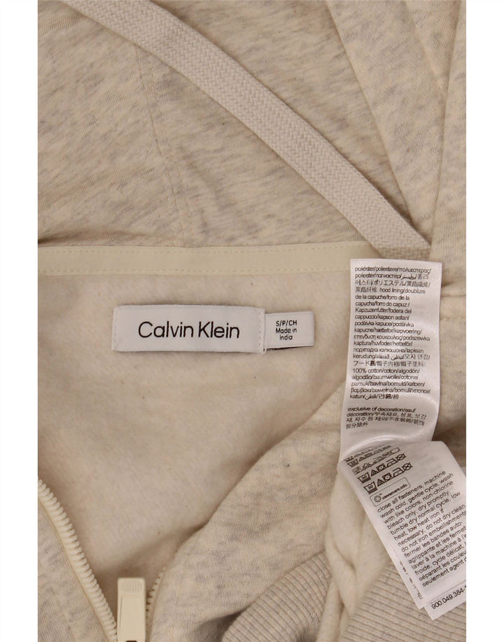 CALVIN KLEIN Pulover crop cu capota cu fermoar pentru femei UK 10, mic, alb, pete