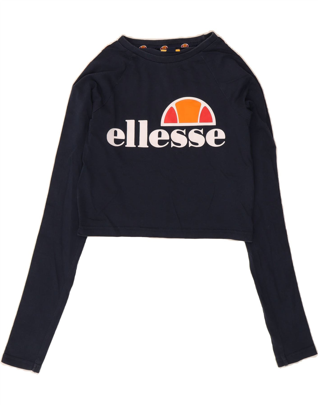 ELLESSE Womens Graphic Top Long Sleeve UK 8 Small  Navy Blue Colourblock Vintage Ellesse and Second-Hand Ellesse from Messina Hembry 