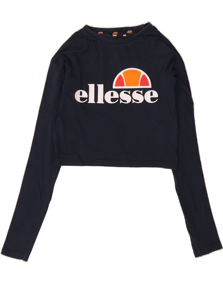 ELLESSE Womens Graphic Top Long Sleeve UK 8 Small  Navy Blue Colourblock Vintage Ellesse and Second-Hand Ellesse from Messina Hembry 