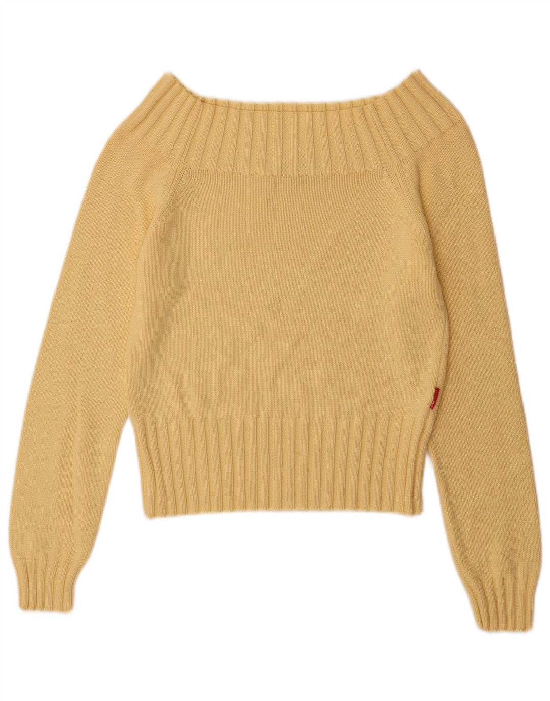 Pulover vintage pentru femei cu umeri scoși din bumbac galben mediu UK 12