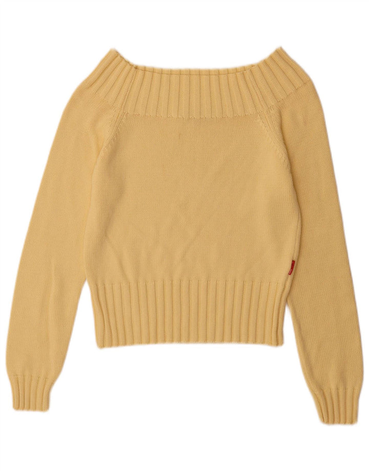 Pulover vintage pentru femei cu umeri scoși din bumbac galben mediu UK 12