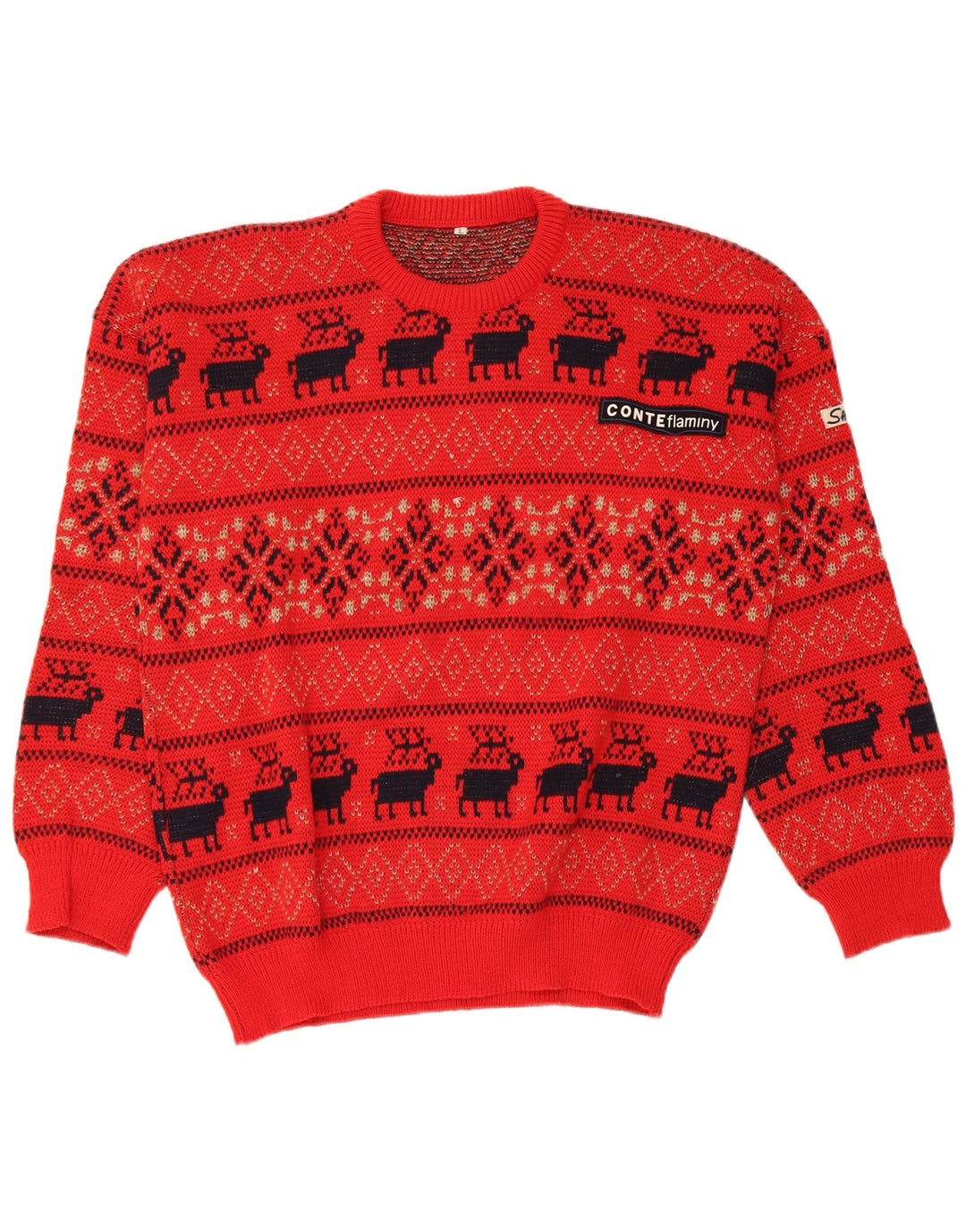 Pulover vintage pentru bărbați cu gât roșu, lână Fair Isle, mare