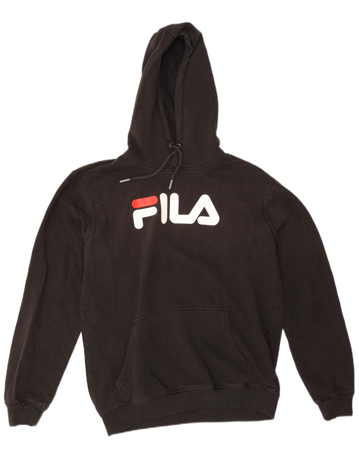 Pulover Fila pentru bărbați cu glugă grafică, bumbac mediu negru