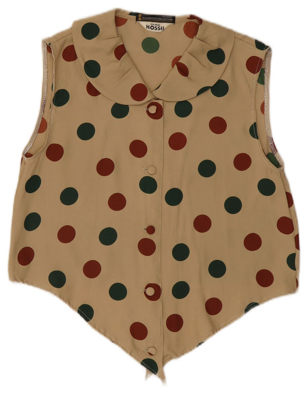Bluză vintage pentru femei fără mâneci, cămașă scurtă UK 10 Medium Kaki Spotted