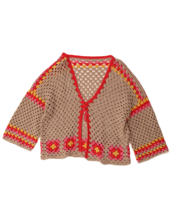 Pulover vintage cardigan croșetat cu mâneci 3/4 pentru femei UK 16 mare, gri, floral