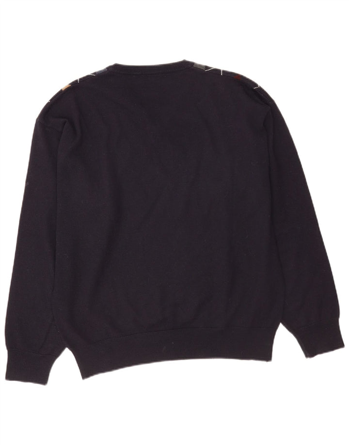 Pulover vintage pentru bărbați cu decolteu în V, mediu, albastru marin Argyle/lana diamantată