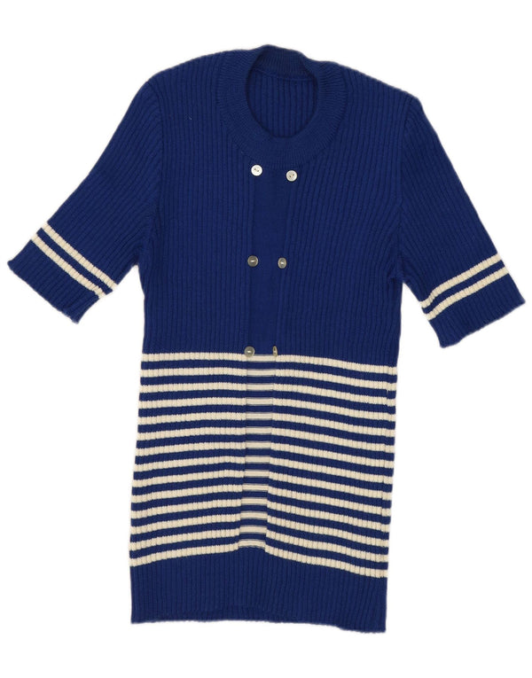 Pulover vintage pentru femei cu decolteu triplu UK 12 Medium Blue Striped