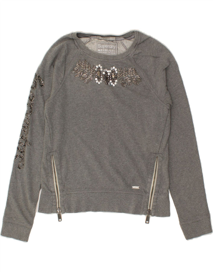 SUPERDRY Womens Graphic Sweatshirt Jumper UK 10 Small Grey Cotton Vintage Superdry and Second-Hand Superdry from Messina Hembry 