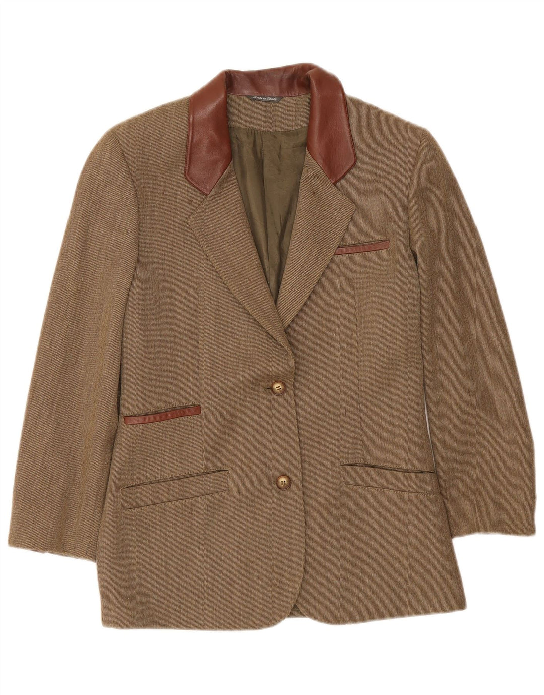 Jachetă vintage pentru femei cu 2 nasturi, UK 14 Medium Khaki Herringbone