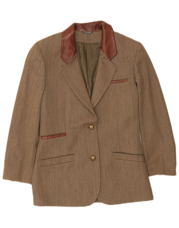 Jachetă vintage pentru femei cu 2 nasturi, UK 14 Medium Khaki Herringbone