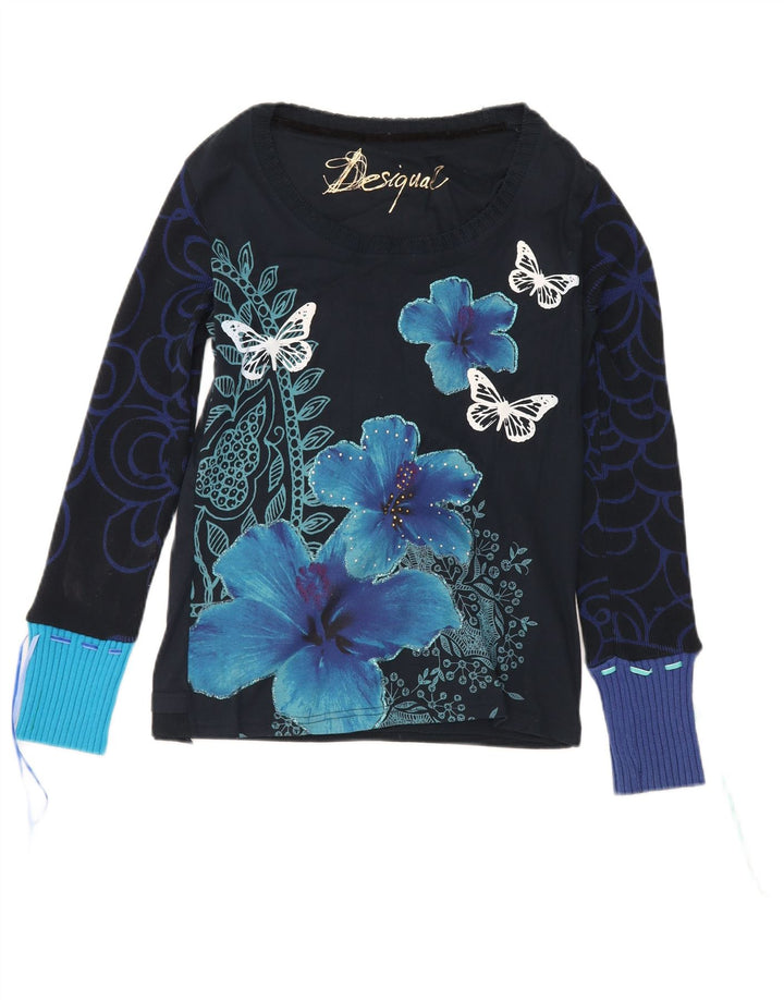 Top grafic pentru femei Desigual cu mânecă lungă UK 12 Medium Bleumarin Fluture