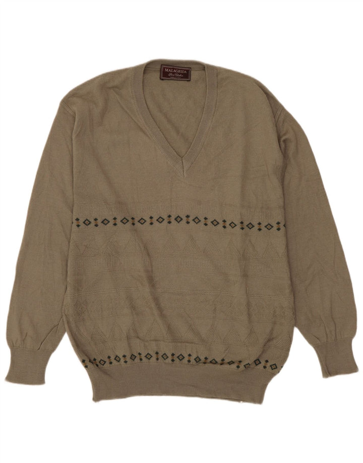 MALAGRIDA Pulover pentru bărbați cu decolteu în V, lână geometrică, gri mediu