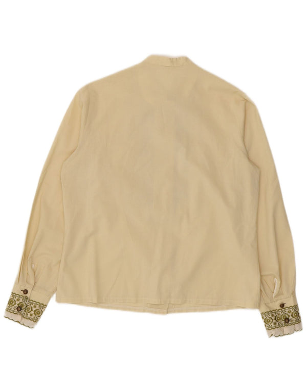 Bluză de cămașă cu volane în față pentru femei vintage UK 14 Medium Off White Floral