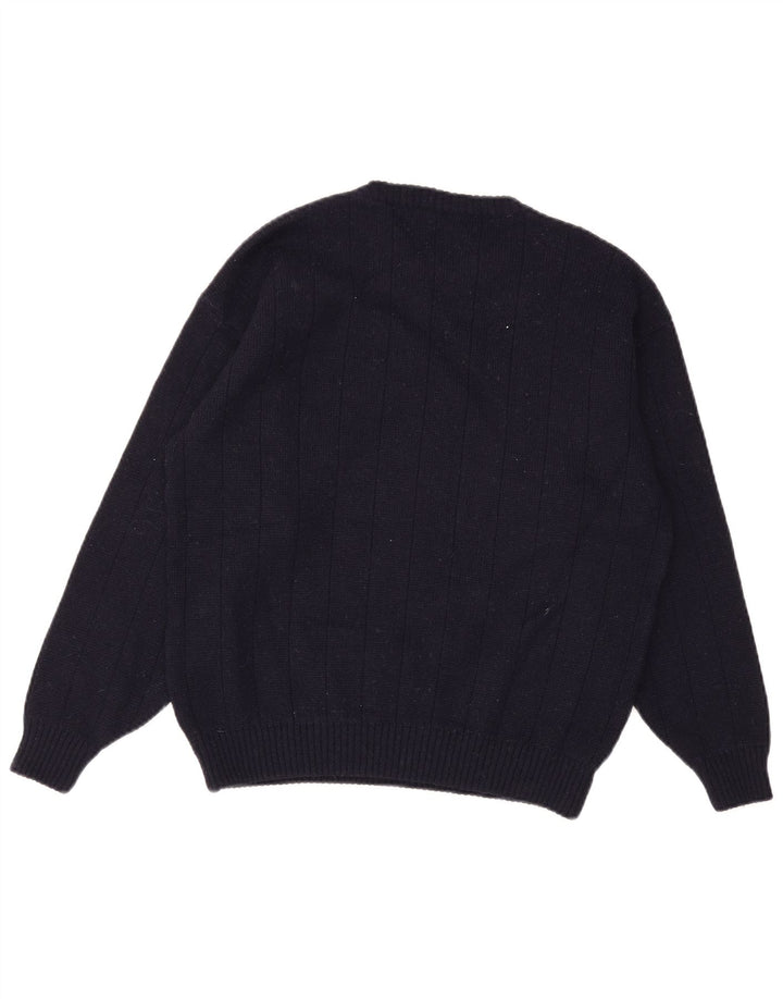 Pulover vintage pentru bărbați cu decolteu triplu, albastru bleumarin mediu